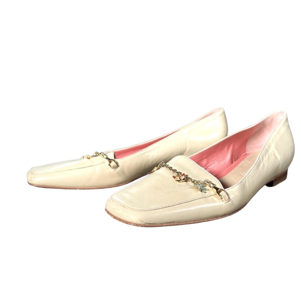 Judith Leiber Cream leather square toed flat Loafers with charms size 6